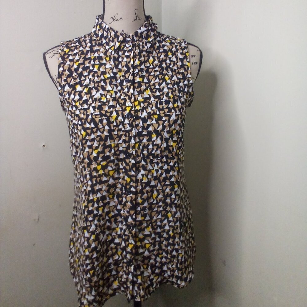 Apt. 9 Blouse Shirt Women XS Sleeveless Button Up Pockets Pattern Brown Black